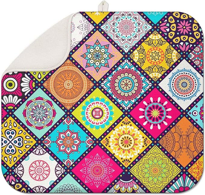 Plaid Floral Large Dish Drying Mats, Reversible Boho Dish Drying Pads by Scritism