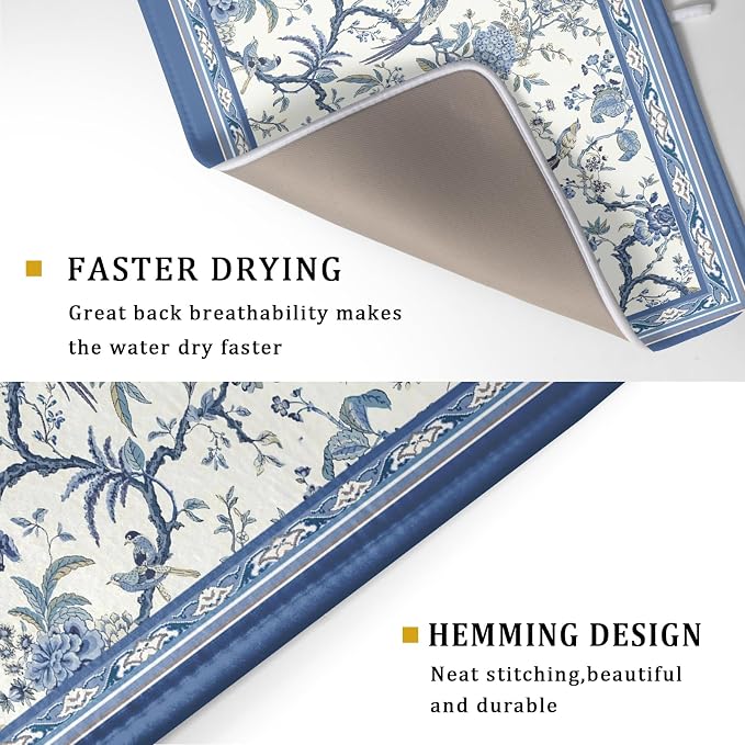 Giwawa Chinoiserie Dish Drying Mat 18x24in Blue White Oriental Floral Birds - Image 3