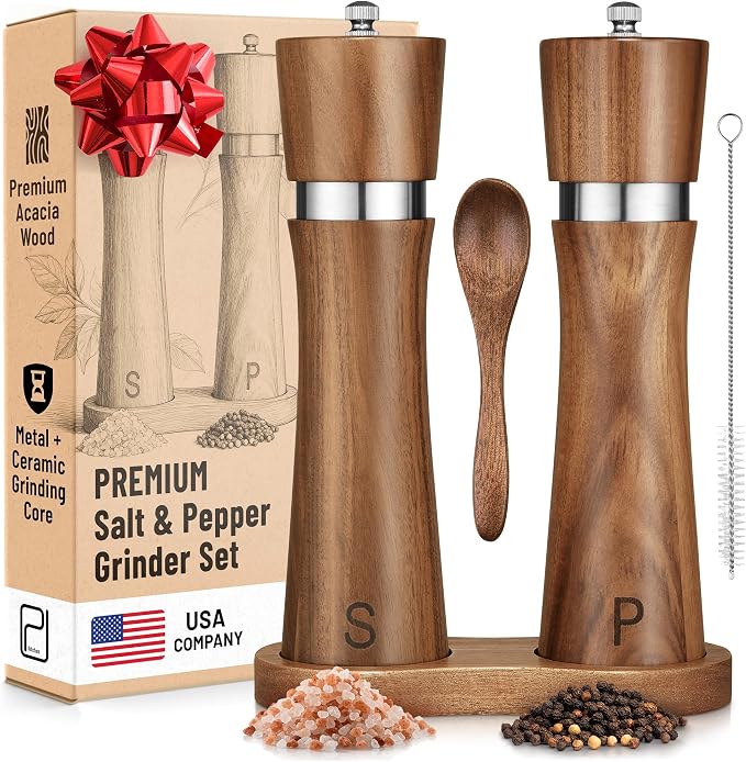 Salt and Pepper Acacia Wood Grinder Set - 60 g / 2 oz each - Tall Modern Mill by PJCKitchen