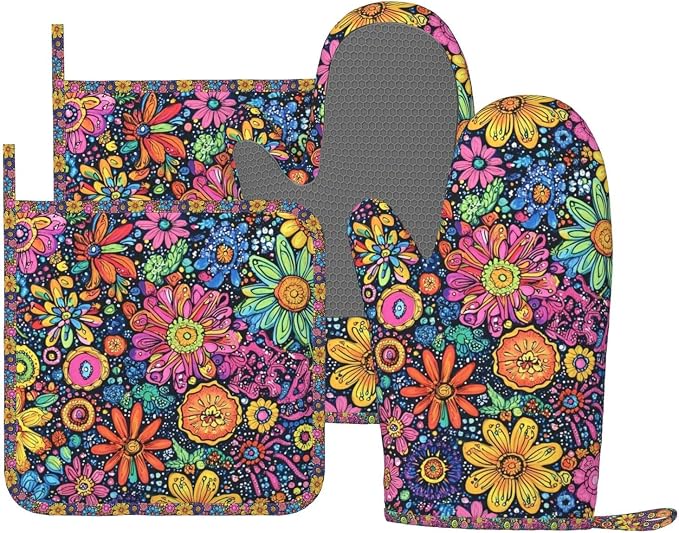 Oven Mitts and Pot Holders Set, Colorful Flower Art Silicone Kitchen by DADABULIU