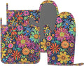 Oven Mitts and Pot Holders Set, Colorful Flower Art Silicone Kitchen by DADABULIU