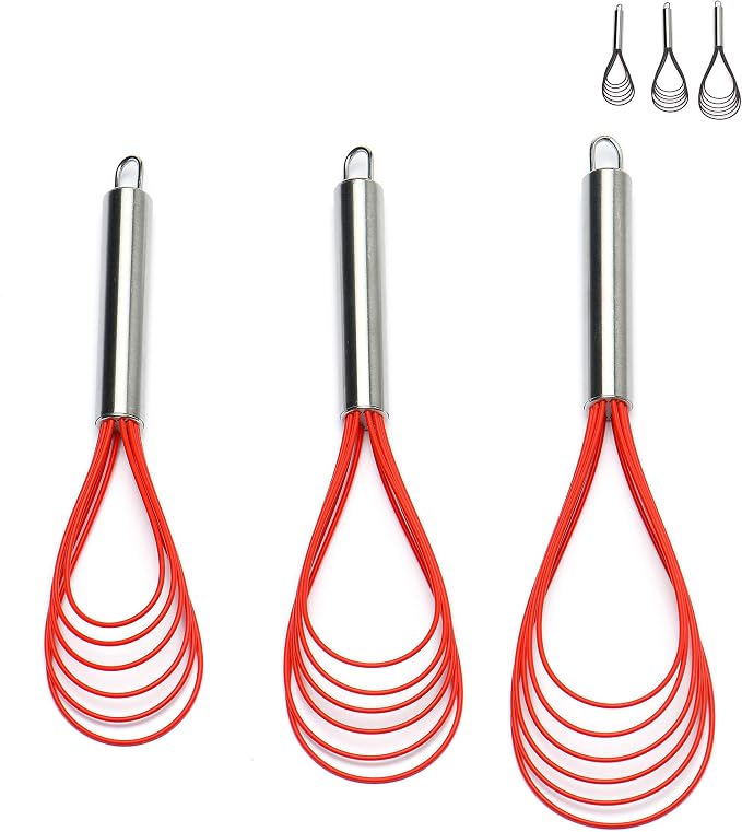 Flat Whisk Set, Stainless Steel 3 Pack 10''+11''+12'' Premium Sturdy-6 Silicone by Jell-Cell