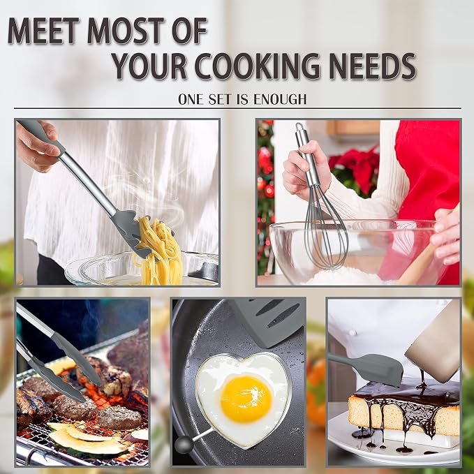 Silicone Cooking Utensils Set, E-far 14-Piece Gray Kitchen Utensils Set - Image 4