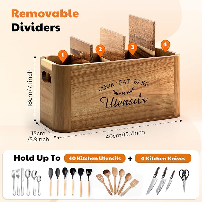 Acacia Wood Utensil Holder for Kitchen Countertop, Extra Large Wooden Utensil - Image 4