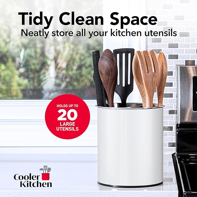 Cooler Kitchen White Rotating Extra Large Stainless Steel Utensil Holder Caddy - Image 6