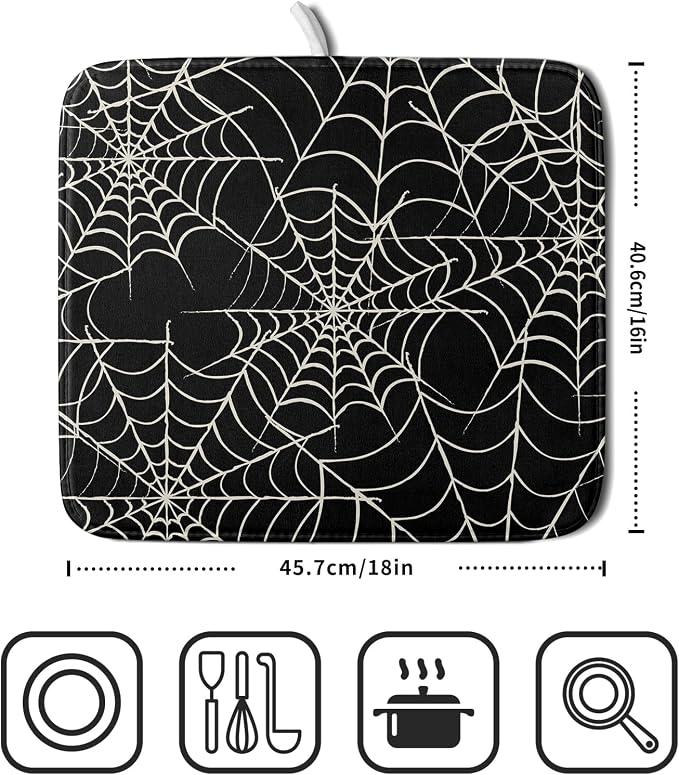 Halloween Dish Drying Mat for Kitchen Counter 16x18 Spider Web Black Holiday - Image 2