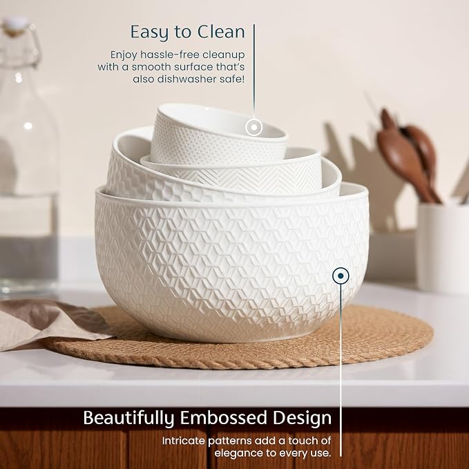 KooK Ceramic Mixing Bowls, Nesting Set of 4, Embossed Kitchen Dishware - Image 4