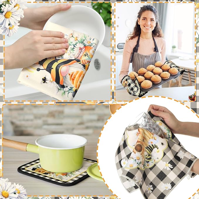 Fourluoo 10 Pcs Bee Kitchen Decor Set 4 Kitchen Towels 2 Pot Holders 2 Oven - Image 2
