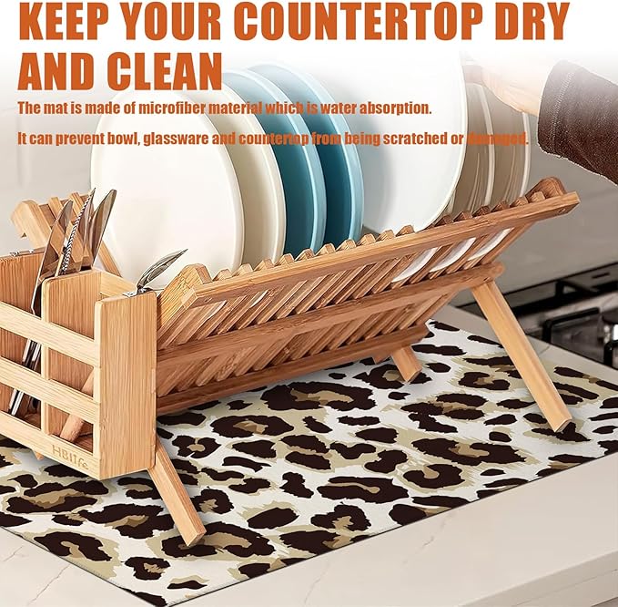 Brown Leopard Dish Drying Mat for Kitchen Counter Microfiber Absorbent Dish - Image 6