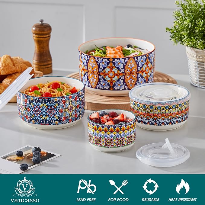 vancasso Serving Bowls with Lids Set of 4, Ceramic Nesting Mixing Bowls - Image 3