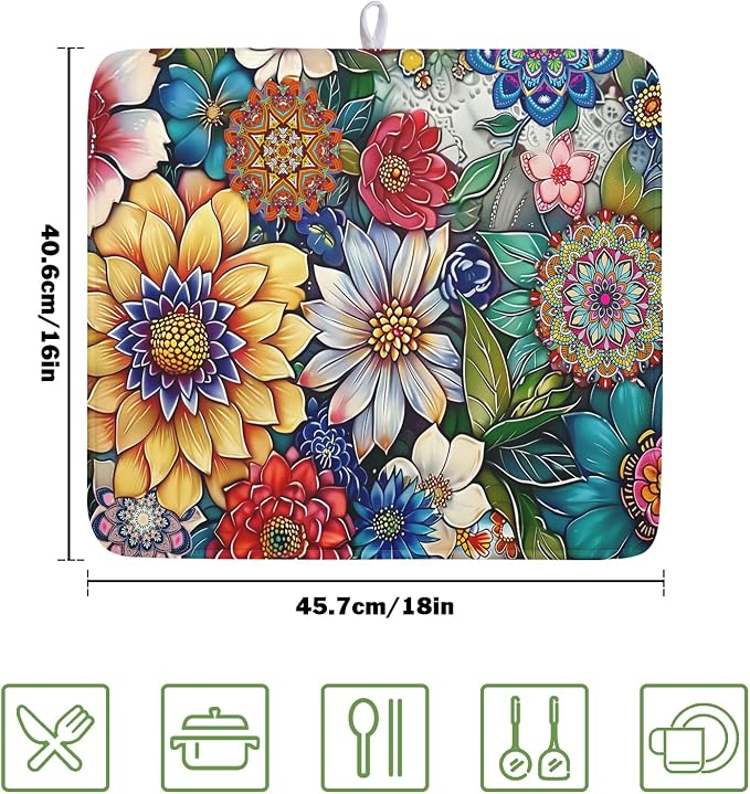 Boho Floral Dish Drying Mat for Kitchen Counter 16x18 Inch Boho Blooming Flower - Image 2