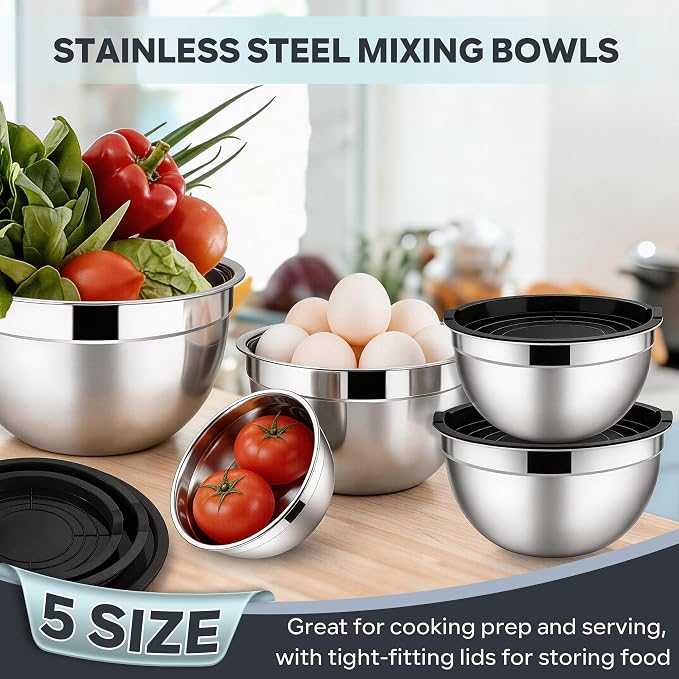 E-far Mixing Bowls With Lids Sets of 5, 10-Piece Stainless Steel Salad Metal - Image 4