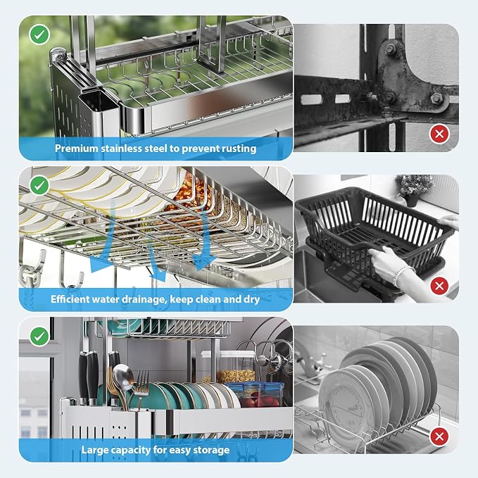 Over Sink Dish Drying Rack, Upgrade 2.5-Tier 304 Stainless Steel Dish Rack - Image 4