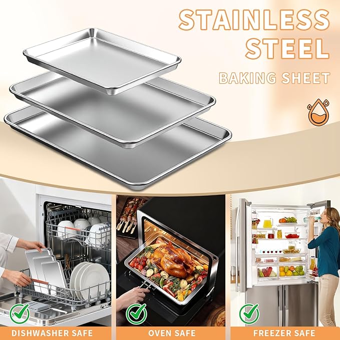 Baking Sheet Set of 3, Stainless Steel Cookie Sheets Baking Sheet Pan, - Image 6
