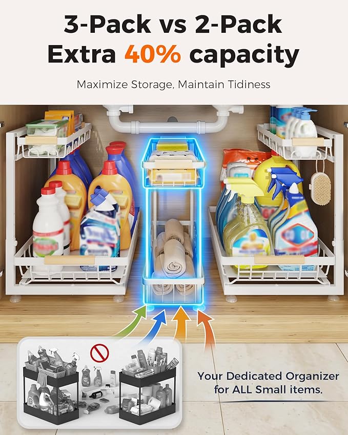 Sevenblue 3 Pack Under Sink Organizer, Height Adjustable Storage Shelves - Image 4