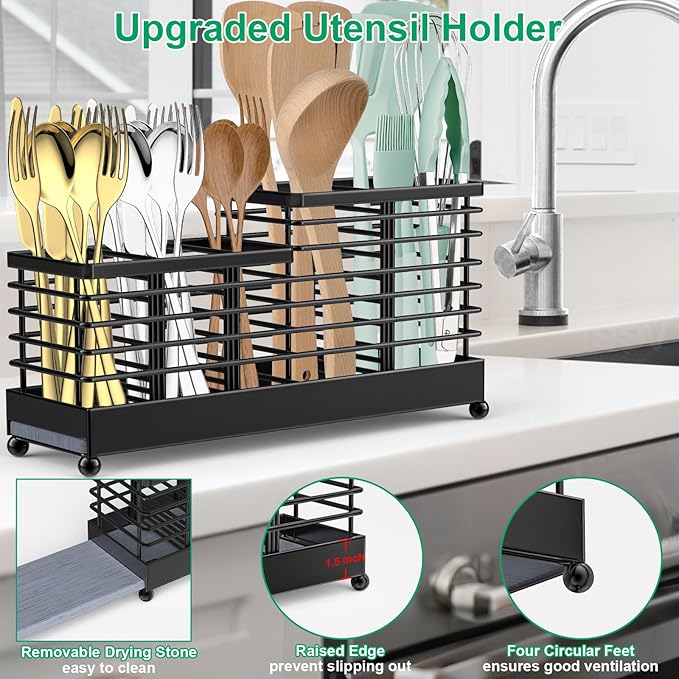 TomCare Utensil Holder with Water Absorbent Diatomite Stone 3 Removable - Image 3