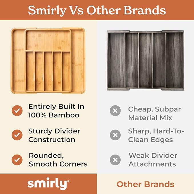 SMIRLY Silverware Drawer Organizer – Bamboo Kitchen Drawer Organizer, - Image 6