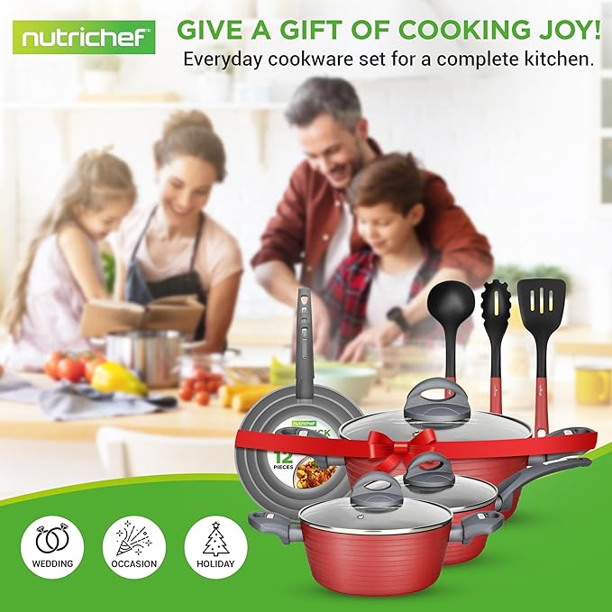 NutriChef 12-Piece Nonstick Kitchen Cookware Set-PTFE/PFOA/PFOS-Free Heat - Image 7