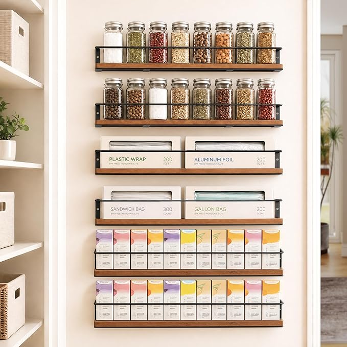 Spice Rack Self-Adhesive or drilling, Rustic Style Hanging Spice Rack, Spice by GIGIFTREE