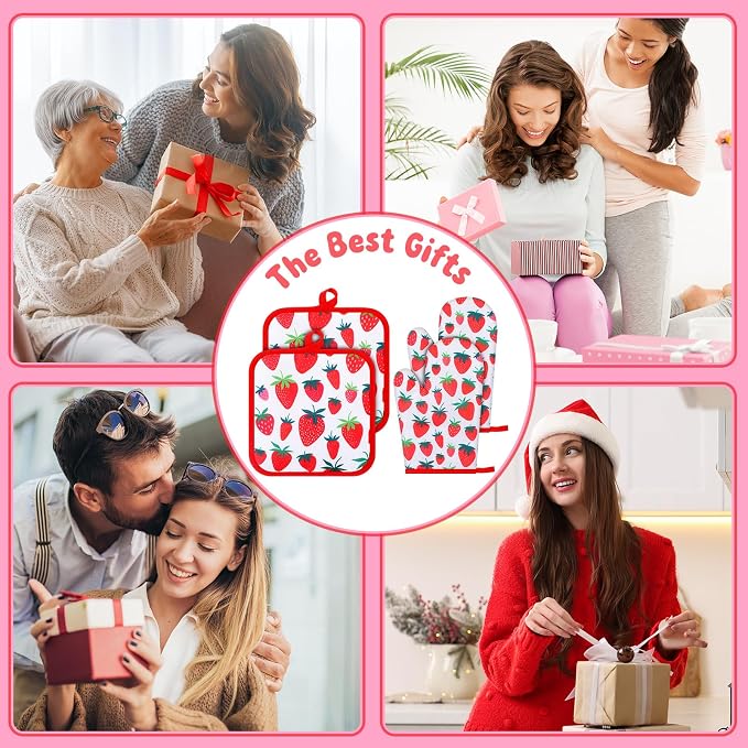 4 Pcs Oven Mitts and Pot Holders Cute Strawberry Oven Gloves and Pot Holders - Image 5