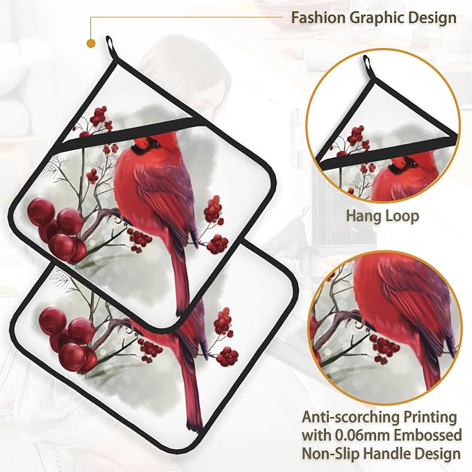 Christmas Cardinal Bird Pot Holder Set of 2, Heat Resistant Potholders Oven Hot - Image 4