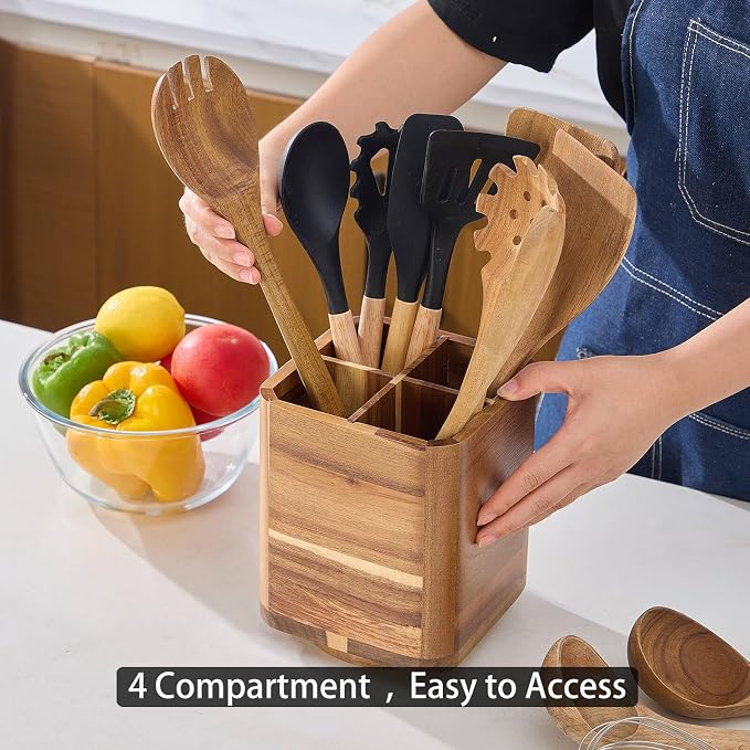 Wood Utensil Holder for Kitchen Counter, 360° Rotating Kitchen Utensil Holder - Image 4