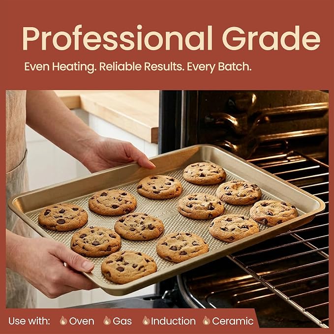 Diamond Bottom Cookie Sheet Set of 3, Nonstick Gold Carbon Steel Baking Pans - Image 3