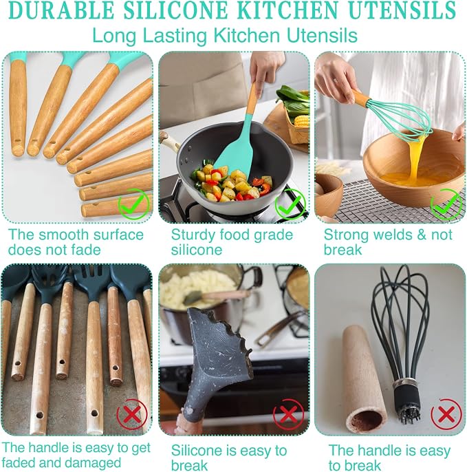 Umite Chef Kitchen Cooking Utensils Set, Wooden Handle Heat Resistant Silicone - Image 7