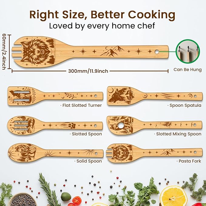 CUTHOLLOW 6PCS Wolves and Forest Wooden Kitchen Cooking Utensil Set, 11.9in Non - Image 2