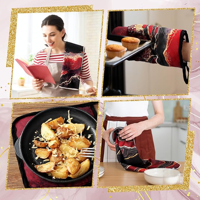 Leinuosen 8 Pcs Burgundy Marble Kitchen Towels and Dishcloths Sets Oven Mitts - Image 6