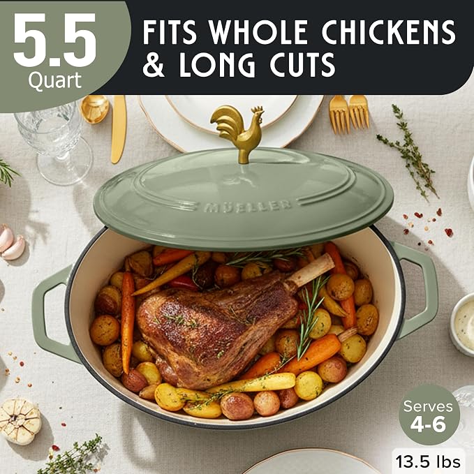MUELLER HOME 5.5 Quart Enameled Cast Iron Oval Dutch Oven w Rooster Knob & - Image 3