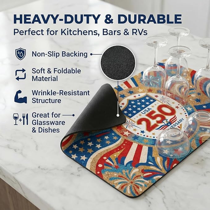 250th Anniversary USA Patriotic Dish Drying Mat 12x20 Absorbent Non-Slip - Image 4