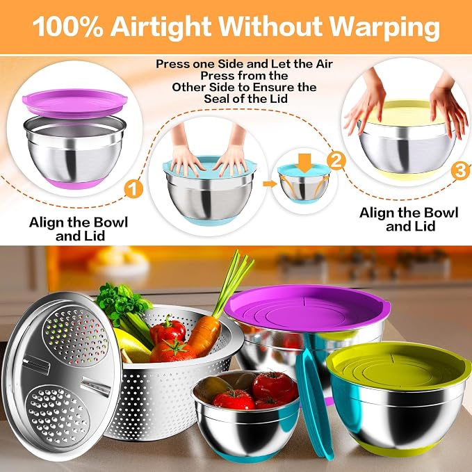 Nicdiet Mixing Bowls with Airtight Lids, Stainless Steel Mixing Bowl Set with 3 - Image 2