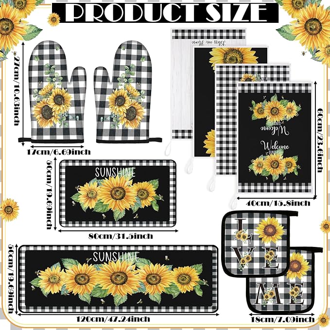 Fourluoo 10 Pcs Sunflower Kitchen Decor 4 White and Black Buffalo Plaid Kitchen - Image 3