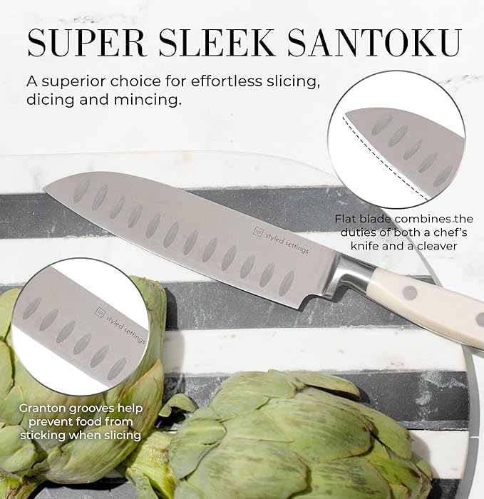 White Knife Set with Block – 14-Piece Forged Stainless Steel Knives with Triple - Image 8