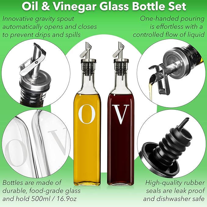 GREENOLIVE Olive Oil and Vinegar Dispenser Set - 17 oz. Glass Bottles - Stylish - Image 2