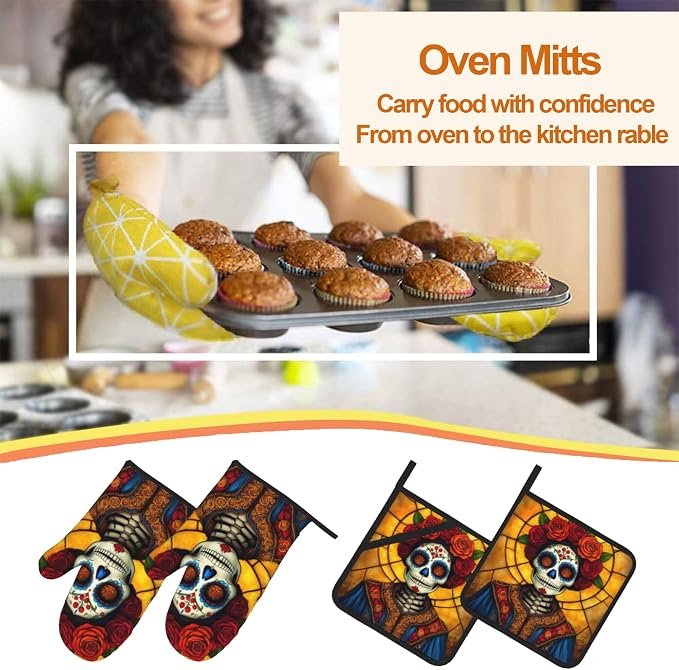 Flower Skull Oven Mitts with Matching Potholders - Image 7