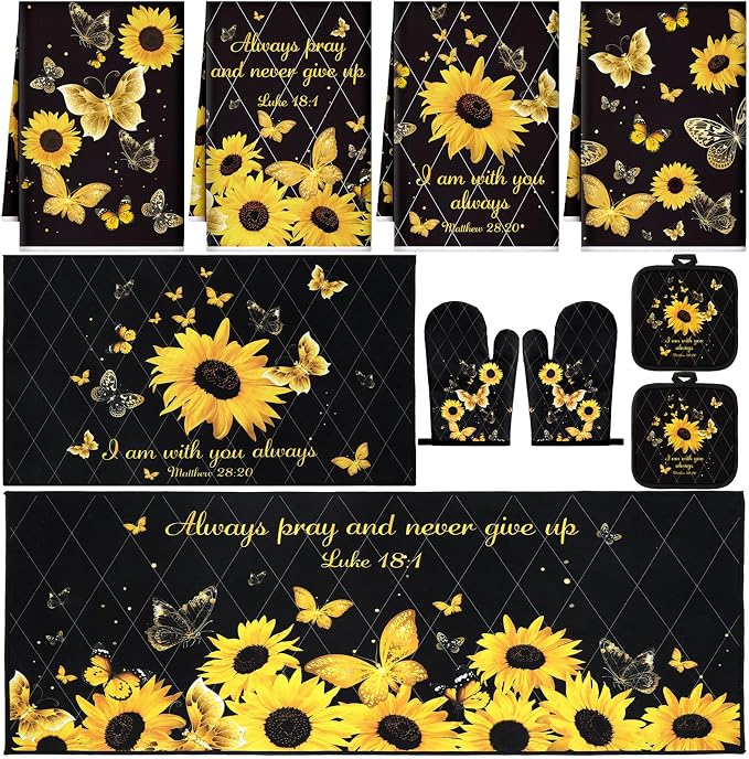 Fourluoo 10 Pcs Sunflower Butterfly Kitchen Dish Towels Rugs Oven Mitts and Pot by Fourluoo