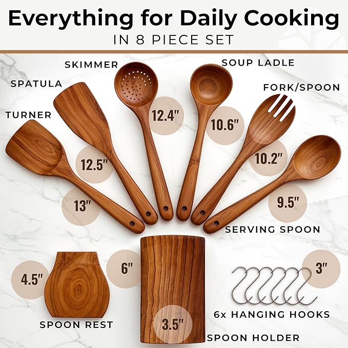 Wooden Utensil Set 8 Pcs – Sturdy & Easy to Clean, Natural Teak Wooden Spoons - Image 6