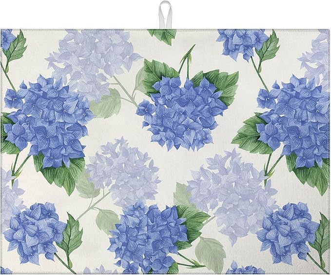 Blue Hydrangea Dish Drying Mat for Kitchen Counter Spring Floral Drying Pad by MOUNTANLLY