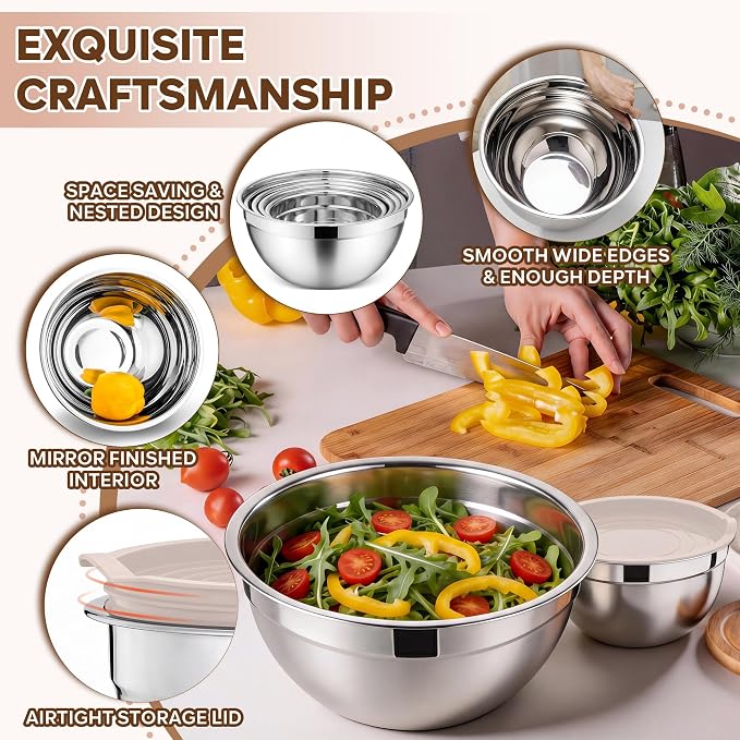 E-far Mixing Bowls With Lids Sets of 5, 10-Piece Stainless Steel Salad Metal - Image 3