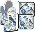 Blue Bird Blooming Flower Oven Mitts and Pot Holders Sets Heat Resistant 4Pcs by ANTJOO