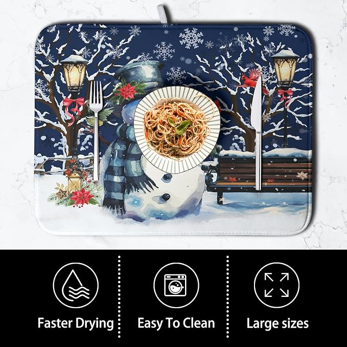 Winter Snowman Dish Drying Mat for Kitchen Counter 18x24, Xmas Snowflakes Dish - Image 4
