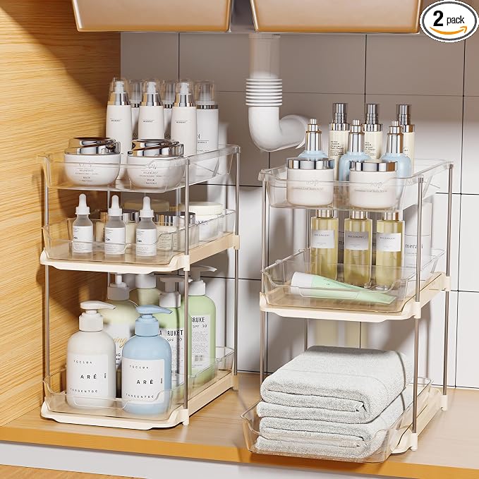 Delamu 2 Pack 3-Tier Bathroom Under Sink Organizers and Storage, Pull Out Clear by DELAMU