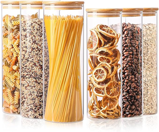 ComSaf Glass Food Storage Jars Set of 6, Tall Glass Storage Containers by ComSaf