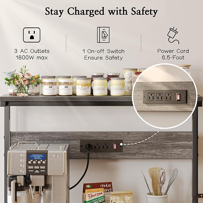 SUPERJARE Bakers Rack with Power Outlets, Microwave Stand, 39.4 X 14.3 Inch - Image 3