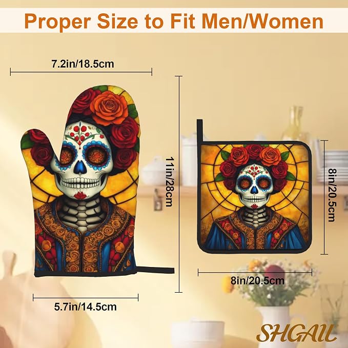 Flower Skull Oven Mitts with Matching Potholders - Image 3
