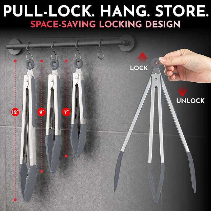 Kitchen Tongs with Silicone Tips Set of 3 Heat Resistant Tongs - Image 2