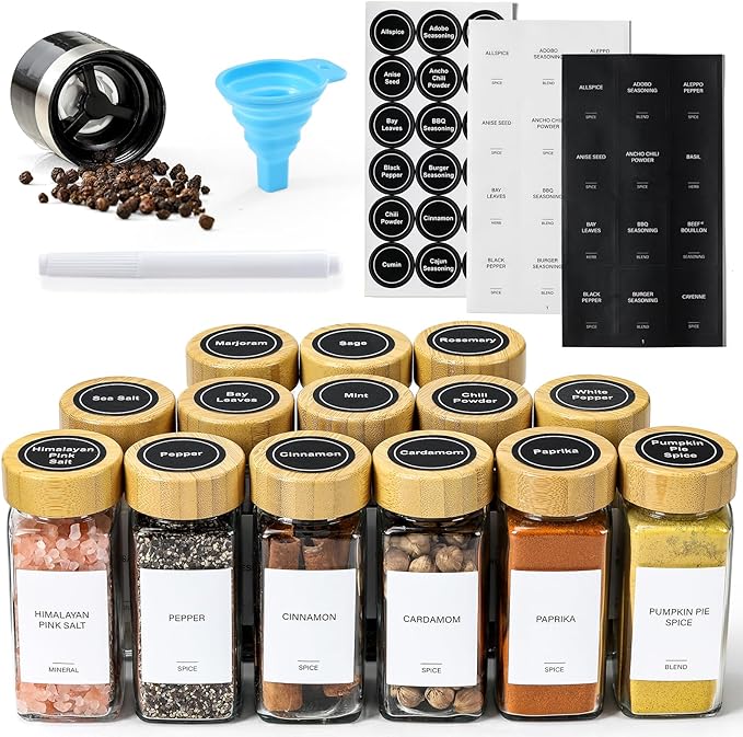 AOZITA 14 Pcs Spice Jars with Bamboo Lids - 4oz Square Spice Bottles with Spice by AOZITA
