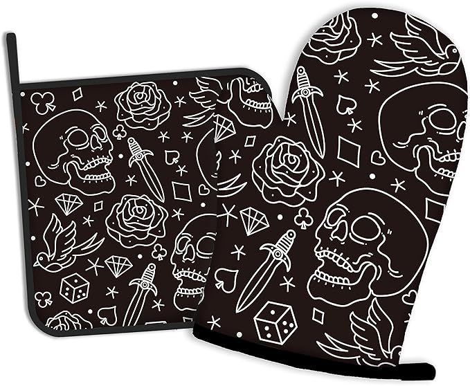 Skull Head with Rose Oven Mitts and Pot Holders Kitchen Cooking Gloves 2 Pcs by Oeaskly